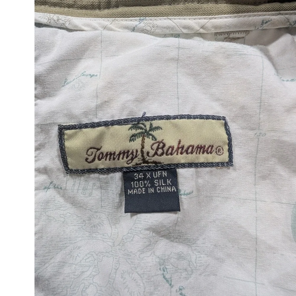 Tommy Bahama Pleated Trousers Mens 34 x UFN Khaki 100% Silk Straight Leg Pants